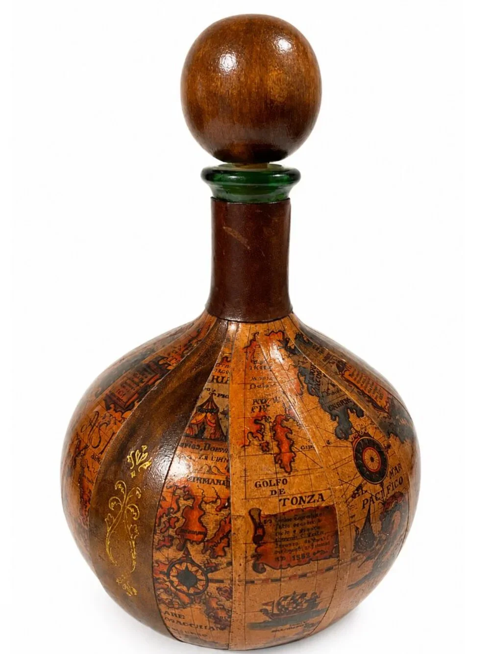 Vintage Italian Leather Wrapped Glass Decanter w/Old World Map